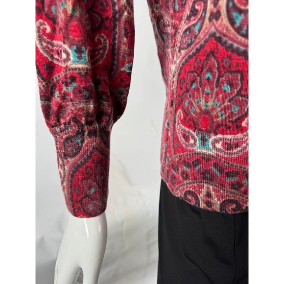Talbots Womens L Red Multicolor Paisley Print Merino Wool Sweater Made In China - Picture 9 of 16